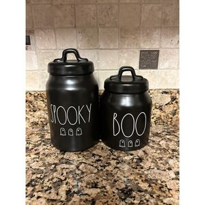 NEW Rae Dunn Halloween Black Spooky And Boo Canisters With White Ghosts NWOT HTF